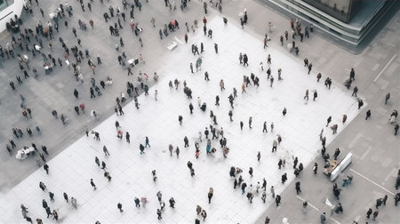 Lots of people walking in big lobby, view from the top floor down.の素材