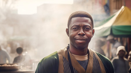 Happy attractive African man cooking food on street market and smile to camera. Travel, food, holidays conceptの素材