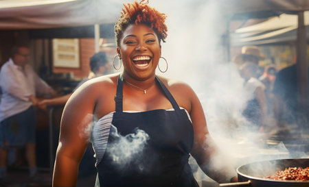 Happy attractive African woman cooking food on street market and smile to camera. Travel, food, holidays conceptの素材