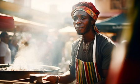 Happy attractive African man cooking food on street market and smile to camera. Travel, food, holidays conceptの素材