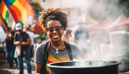Happy attractive African woman cooking food on street market and smile to camera. Travel, food, holidays conceptの素材