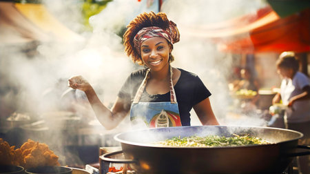 Happy attractive African woman cooking food on street market and smile to camera. Travel, food, holidays conceptの素材