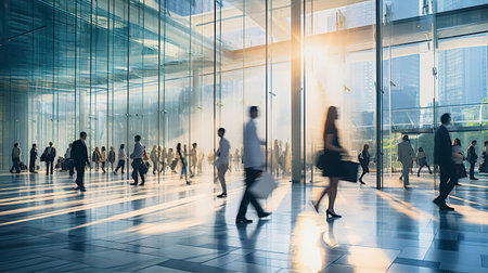 Business people walking in big glass lobby with beautiful morning sun lights reflection. Office skyscraper entrance hallの素材