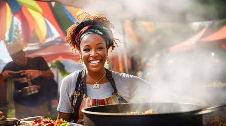 Happy attractive African woman cooking food on street market and smile to camera. Travel, food, holidays conceptの素材