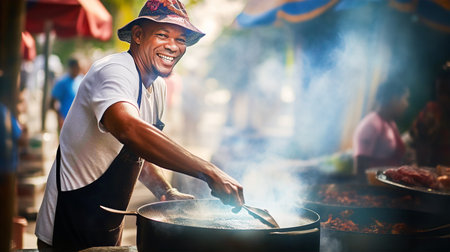 Happy attractive African man cooking food on street market and smile to camera. Travel, food, holidays conceptの素材