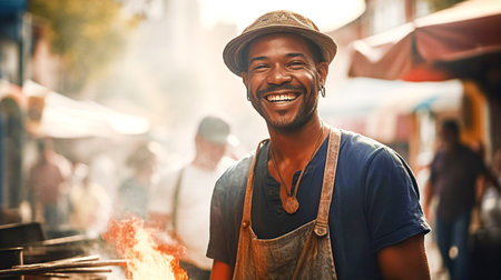 Happy attractive African man cooking food on street market and smile to camera. Travel, food, holidays conceptの素材