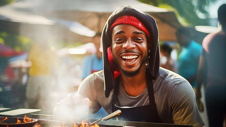 Happy attractive African man cooking food on street market and smile to camera. Travel, food, holidays conceptの素材