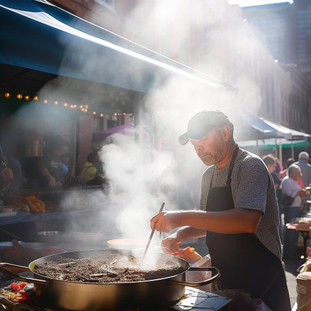 Man, street chef cooking food at street marketの素材