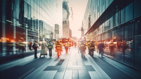 Motion blur of Fire fighters arrived on accident site in city.の素材