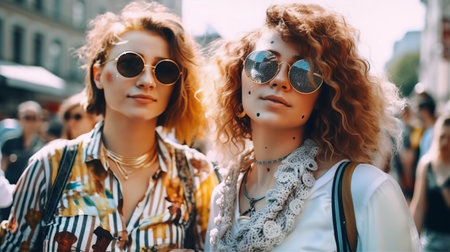 Pride Parade. Gay couple at parade with lots of happy LGBT people celebrating freedom and loveの素材