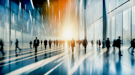 Business people walking in big glass lobby with beautiful morning sun lights reflection. Office skyscraper entrance hallの素材