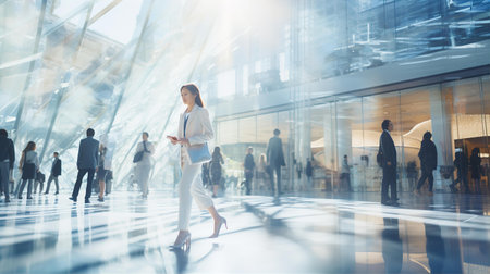 Business people walking in big glass lobby with beautiful morning sun lights reflection. Office skyscraper entrance hallの素材