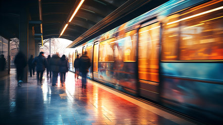 City street perspective view with lots of cars and busses, motion blur with beautiful lights and sunset reflectionsの素材