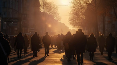 Lots of people going at work in early morning. Crowd walking against of sunriseの素材