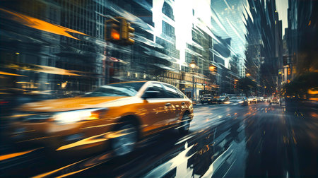 Taxis and cars in movement with motion blur, lights and people walking on city street.の素材
