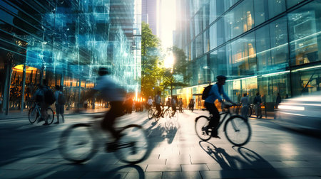 People cycling in City. Commuting, healthy life style, eco friendly transport. Multiple exposure, motion blur imageの素材
