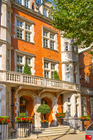 London, UK - 9 September, 2023: Beautiful entrance door of periodic building in Mayfair, one of the richest areas to live with fancy lifestyleのeditorial素材
