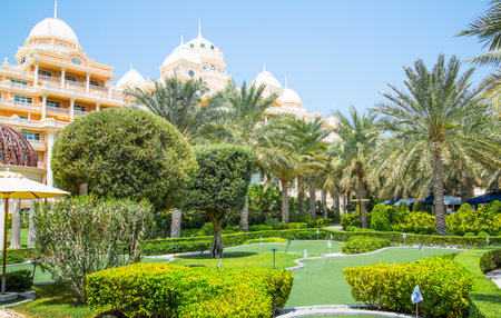 Dubai, United Arab Emirates - August 26, 2023: Beautiful park at Palm Jumeirah at sunny dayのeditorial素材
