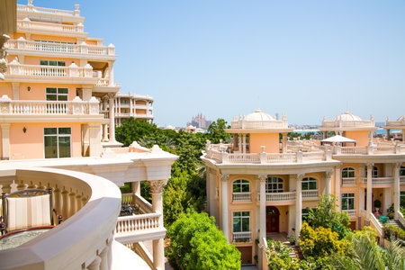 Dubai, United Arab Emirates - August 26, 2023: Beautiful park at Palm Jumeirah at sunny dayのeditorial素材