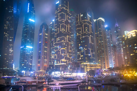 Dubai, United Arab Emirates - August 26, 2023: Beautiful Dubai Marina view at night, very hot and humid eveningのeditorial素材
