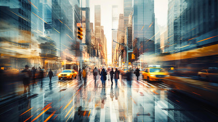 Taxis and cars in movement with motion blur, lights and people walking on city street.の素材