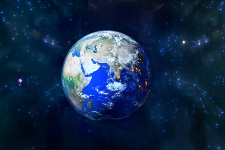 Planet Earth 3D rendering illustration. Planet lit up with sun light in beautiful space with stars and gasesの写真素材