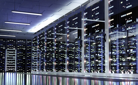 Modern server room, corridor in data centre with Supercomputer racks, neon lights and conditioners....