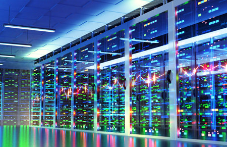 Modern server room, corridor in data centre with Supercomputer racks, neon lights and conditioners....