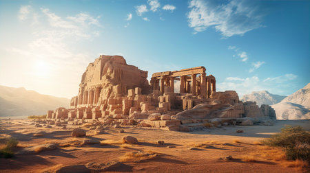 Beautiful ruins of ancient temples in Jordan of Egyptian desert. Temples with columns at sunset, travel and history conceptの素材