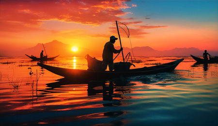 Egyptian Fish-man catching a fish in Nile river at early morning. Sunrise at the backgroundの素材