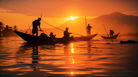 Egyptian Fish-man catching a fish in Nile river at early morning. Sunrise at the backgroundの素材