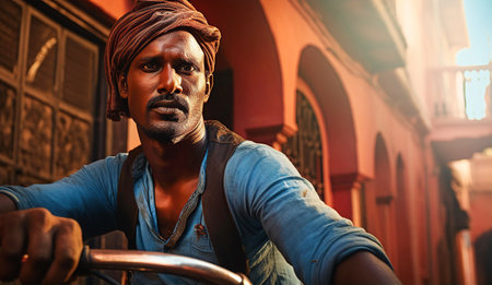 Rickshaw on old Indian town street, local atmosphere, Asian culture and  travel conceptの素材