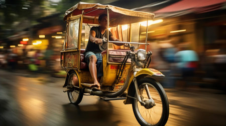 Rickshaw on old Indian town street, local atmosphere, Asian culture and  travel conceptの素材
