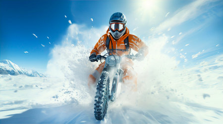 Motorcyclist riding bike in heavy snow, sport, hobby, healthy life style conceptの素材
