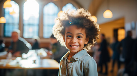 Adorable school boy smiling to camera at her class.の素材