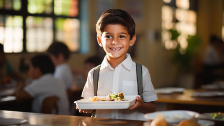 Asian school boy portrait in lunch hall with plate of salad, smiling to camera.の素材