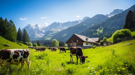 Beautiful Alps landscape with village,  green fields and cows at sunny day. Swiss mountains at the background.の素材