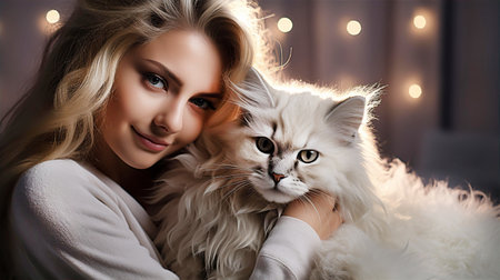 Young attractive woman with her pet cat portraitの素材