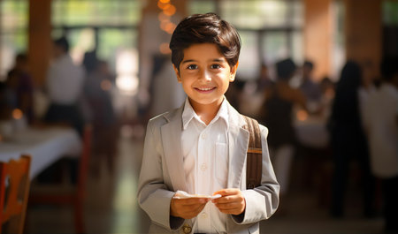 Asian school boy portrait in lunch hall with plate of salad, smiling to camera.の素材