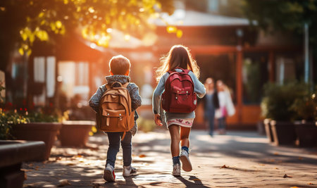 Group of Happy children goes to school via autumn alley.の素材
