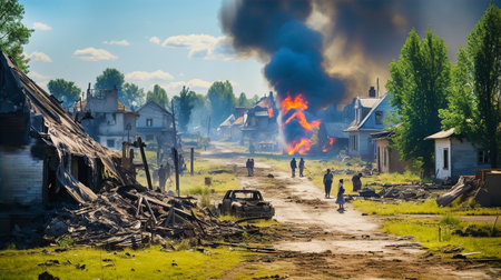 War in Ukraine, burned village, people leaving houses.の素材