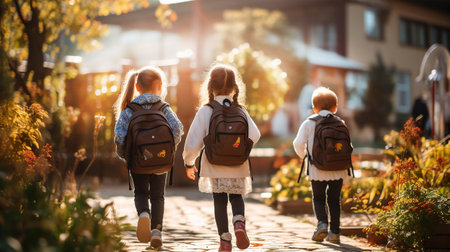 Group of Happy children goes to school via autumn alley.の素材
