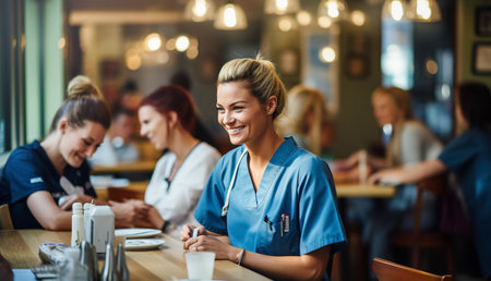Beautiful young  nurse in scrubs at lunch time, having a break, socialising with colleagues, talking and smiling to cameraの素材