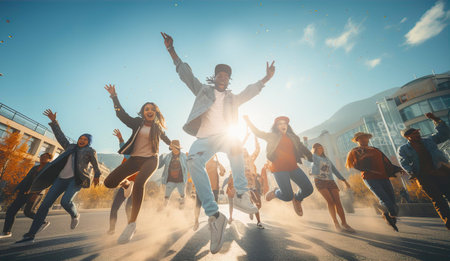 Group go young Tik-tokers recording  a video content on street, dancing and having fun.の素材