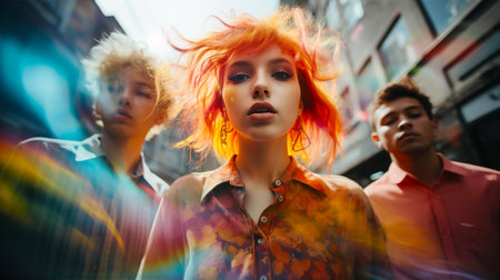 Portrait of attractive. young punk girl, emo, e-girl with friends. Modern subculture, artistic creative peopleの素材