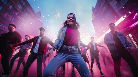 Group go young Tik-tokers recording  a video content on street, dancing and having fun.の素材