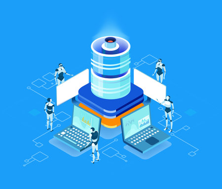 Isometric business environment. Isometric server room space, business people working together, generating fresh content and new ideas. Infographic illustrationのイラスト素材