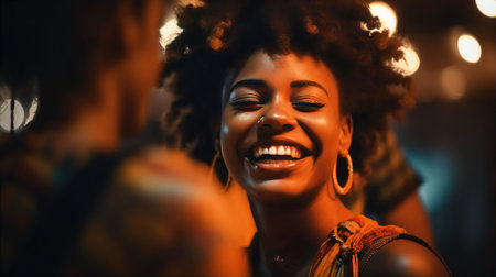 Portrait of young beautiful black woman on city street at night. Neon lights and glass reflection.の素材