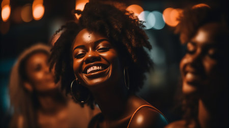 Portrait of young beautiful black woman on city street at night. Neon lights and glass reflection.の素材