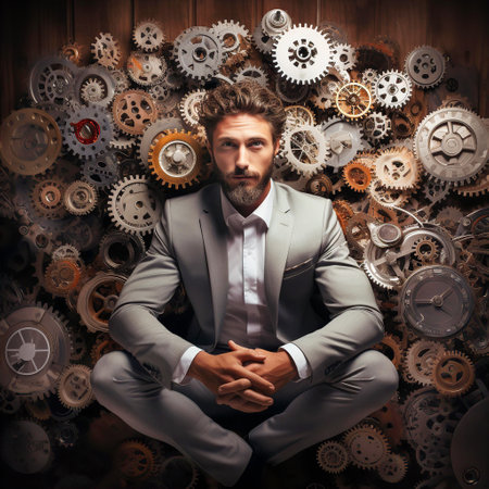 Attractive businessman with lots of gears at background. Creative and thinking process in Businessman. Mind ability.の素材